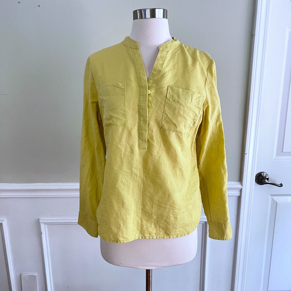 Talbots Green Linen Cotton Blouse Small Split Neck Chartreuse Yellow Henley
